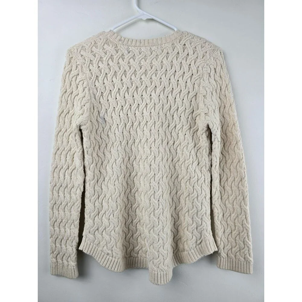 CHUNKY CABLE KNIT COTTON SWEATER Womens S Jeanne Pierre Fisherman Cream Ivory - Picture 2 of 9